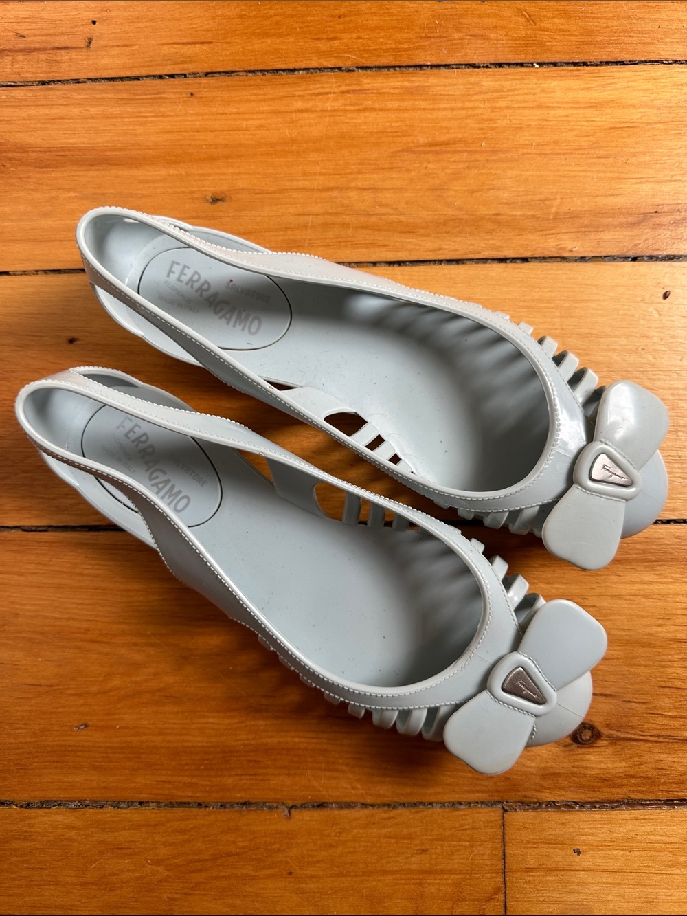 Salvatore Ferragamo Light Blue Bow-Accent Jelly Flats